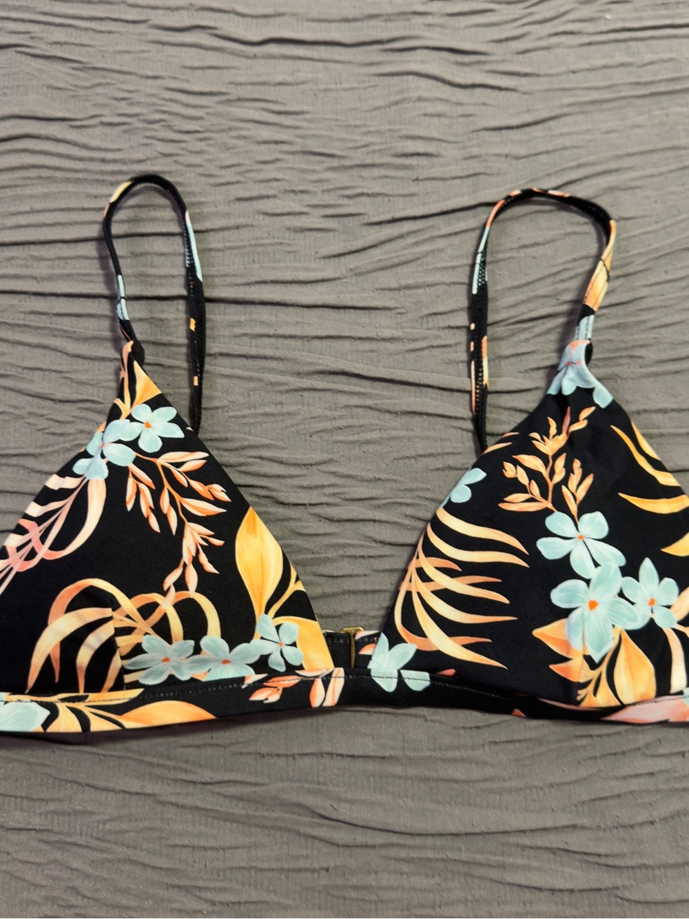 Black Floral Triangle Bikini Top with Aqua Accents